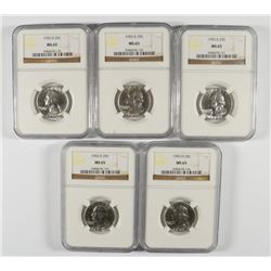 LOT OF ( 5 ) 1955-D WASHINGTON QUARTERS, NGC MS-65   TOUGH!