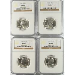 LOT OF ( 4 ) 1963-D WASHINGTON QUARTERS, NGC MS-65