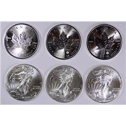 LOT OF 6: 3- 2015 CANADIAN 1 OZ SILVER MAPLE LEAF & 3-2015 SILVER AMERICAN EAGLE