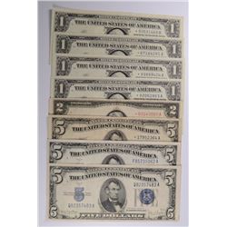 CURRENCY: 4- $1.00 SIL CERT 1957 STAR NOTES UNC; 1953 $5.00 SIL CERT STAR NOTE