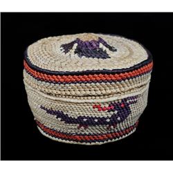 Nuu-chah-nulth Lidded Basket with Sea Monster and Canoe Design 3" D. 2 1/4" H.  Good Condition