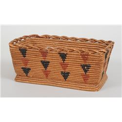 Finely Woven Lillooet Basket with Arrow Design and Crenulated Rim 8" L. 3 1/4" H.  Good Condition
