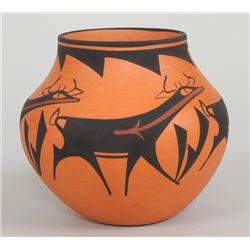 Zuni Pottery Jar with Deer and Spirit Line Design by AA Peynetsa 5" D. 4 1/2" H.  Good Condition