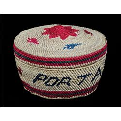 Dome Top Nuu-chah-nulth Basket with Bird and Port Alberni, B.C. Design 3 1/2" D. 2 1/4" H. Fine Cond