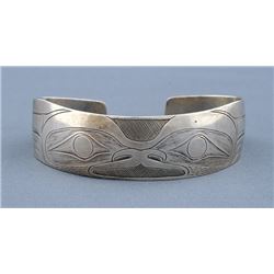 Derek Wilson Silver Bracelet with Incised Haisla Frog - Kemano, B.C. 6" L . 13/16" W.  Good Conditio