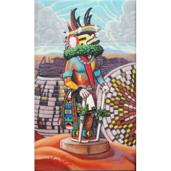 Navajo Antelope Kachina Painting on Canvas by Kee Lee - Pine Hill, NM 10"x 13 1/2" Framed  Good Cond