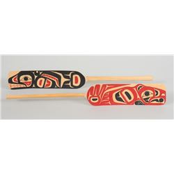 Two Northwest Coast Carved Soapberry Spoons; One with Painted Raven Design, the Other with Killer Wh