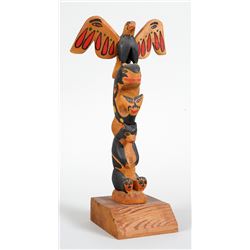 Simon Charlie Totem Carved with Eagle, Whale and Bear 16" H. 5" W.  Good Condition