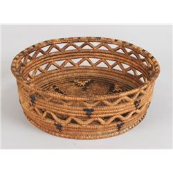 Lillooet Coiled Basket with Triangle Design and Open Work 10" D. 3 1/2" H.  Good Condition
