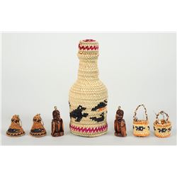 Nuu-chah-nulth Basketry Covered Bottle with Whale, Bird and Seal Design 4 1/2" H. and Three Pairs of