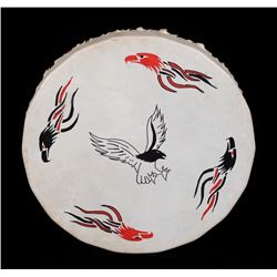 Northwest Coast Painted Drum with Eagle Design by Kevin Mallonay 20" D.  Good Condition