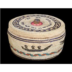 Large Nuu-chah-nulth Knob Top Basket with Whale, Canoe and Key Step Design 10" W. 6" H.  Cood Condit