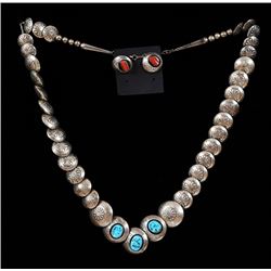 Navajo Silver and Turquoise Necklace with Earrings 26" L.  Good Condition