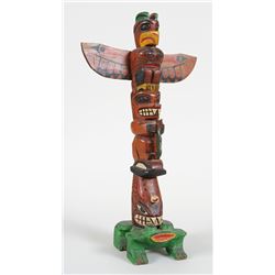 Coast Salish Totem Carved with Thunderbird, Welcome Bear Holding a Fish and Whale by Fred Baker 20" 