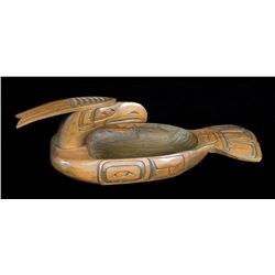 Kwakwaka'wakw Loon Bowl Carved by Danny Matilpi 18 1/2" L. 6 1/2" W.  Good Condition with Check in B