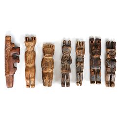 Seven Miniature Carved Wood Figures 5" H. - 6" H.  Fair Condition