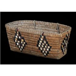 Salish Handled Basket with Imbricated Diamond Design 16" L. 8" W. 7" H.  Good Condition with Minor L