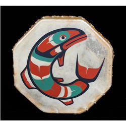 Northwest Coast Drum with Painted Salmon Design by White Wolf 13" D.  Good Condition