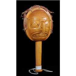 Northwest Coast Hawk Rattle with Different Carved Design on Each Side - Yellow Cedar 14" H. 6 1/2" W