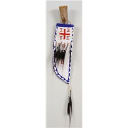 Plains Beaded Knife Sheath with Geometric Design  Fine Condition and Knife Made From a Bayonette Bla