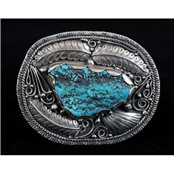 Navajo Silver and Large Nugget Kingman Turquoise Buckle with Applied Silver Leaves, Rain Drops and C