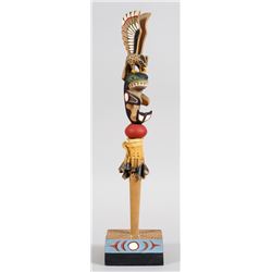 Northwest Coast Staff Carved with Thunderbird and Killer Whale by Cicero August 21 1/2" H.  Good Con
