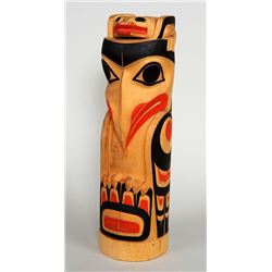 Northwest Coast Totem Carved with Hawk and Frog by Perry Lafortune 16 1/2" H. 5" W.  Good Condition