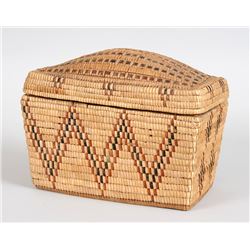 Salish Basket with Humpback Lid and Chevron Diamond Imbricated Design 11" W. 9" H.  Good Condition