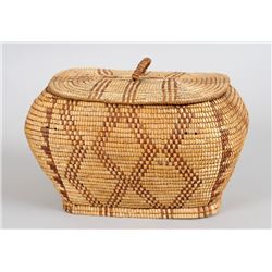 Lillooet Fully Imbricated Lidded Basket with Geometric Design 11" W. 8 1/2" H.  Good Condition