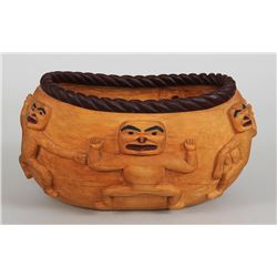Yellow Cedar Figural Bowl "The Tate Family Carvers" with a Carved Figure to Represent a Family Membe