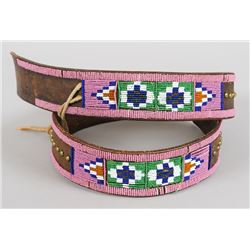 19TH C. Plateau Beaded Belt with Geometric Design and Brass Tacks 44" L. 2 1/4" W.  Good Condition