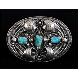 Navajo Silver and Castle Dome Turquoise Buckle with Applied Silver Feathers Over Silver Leaves, Dese