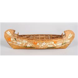 Birch Bark Canoe with Floral Design Quill Work 17 3/4" L. 5 1/4" W.  Fair Condition