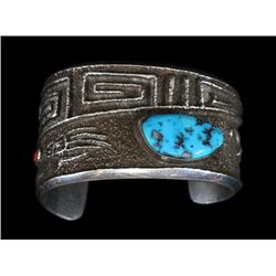 Hopi Master Silversmith Preston Monongye Silver and Turquoise Bracelet with Grizzly Bear Tracks, Zoo