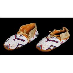Pair of Sioux Fully Beaded Moccasins with Geometric Motif 10" L.  Good Conditions