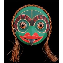 Nuu-chah-nulth Frog Mask with Cedar Hair and Copper Work Eyes Carved by Pat Amos 12" H. 13" W.  Good