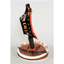 Northwest Coast Canoe Shaped Rattle on Stand - Carved Maple Wood by Peter Gong 6 5/8" L.  Good