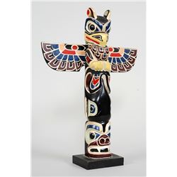 Jimmy Seaweed Totem Carved with Thunderbird, Whale and Bear 13" H. 9" W.  Good Condition