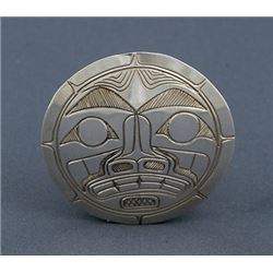 Northwest Coast Silver Brooch-Pendant with Moon Mask Design by Gilbert Pat 1 3/8" W.  Good Condition