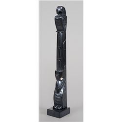 Haida Argillite Eagle and Raven Totem Carved by Glen Pollard 9 5/8" H. 1 1/2" W. Base  Good Conditio