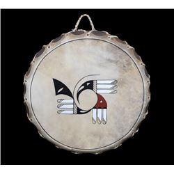 Taos Pueblo Painted Drum with Bird and Feather Design 20" D.  Good Condition