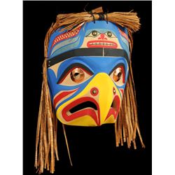 Nuu-chah-nulth Eagle Mask with Cedar Hair and Copper Work Eyes Carved by Pat Amos 11 1/2" H. 9 3/4" 