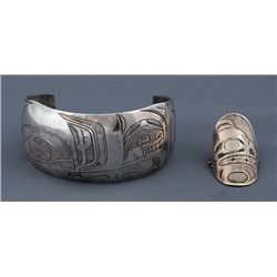 Derek Wilson Silver Bracelet with Incised Design 5 3/4" L. 1 1/4" W. and Silver Ring with Bear Desig