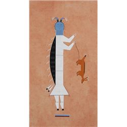 Navajo Sand Painting Design Painting on Cloth with Yei Figure Holding a Rabbit 13 1/4"x 20 3/4" Fram