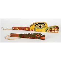 Two Nuu-chah-nulth Dance Wands with Sea Serpent Design ca. 1920  17" L. and 12" L.  Good Condition