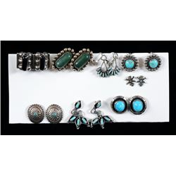 Eight Sets of Southwest Silver and Turquoise Earrings 3/8" W. - 1" W.  Good Condition