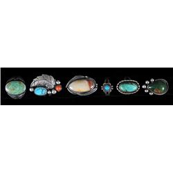Five Southwest Silver and Turquoise Rings and One Silver and Agate Ring  All In Good Condition