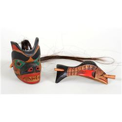Bear Mask Pendant Carved by Francis Mack and a Hair Piece Salmon Design Carved by David Robertson, K