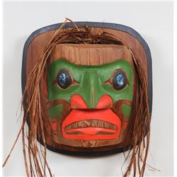 Coast Salish Moon Mask with Cedar Bark Hair Carved by Darren Yelton 14" H. 14" W.  Good Condition