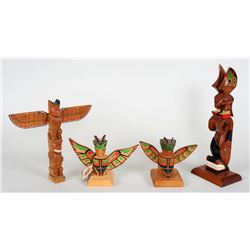 Four Northwest Coast Carved Totems 5" H. - 12 3/8" H.  All In Good Condition